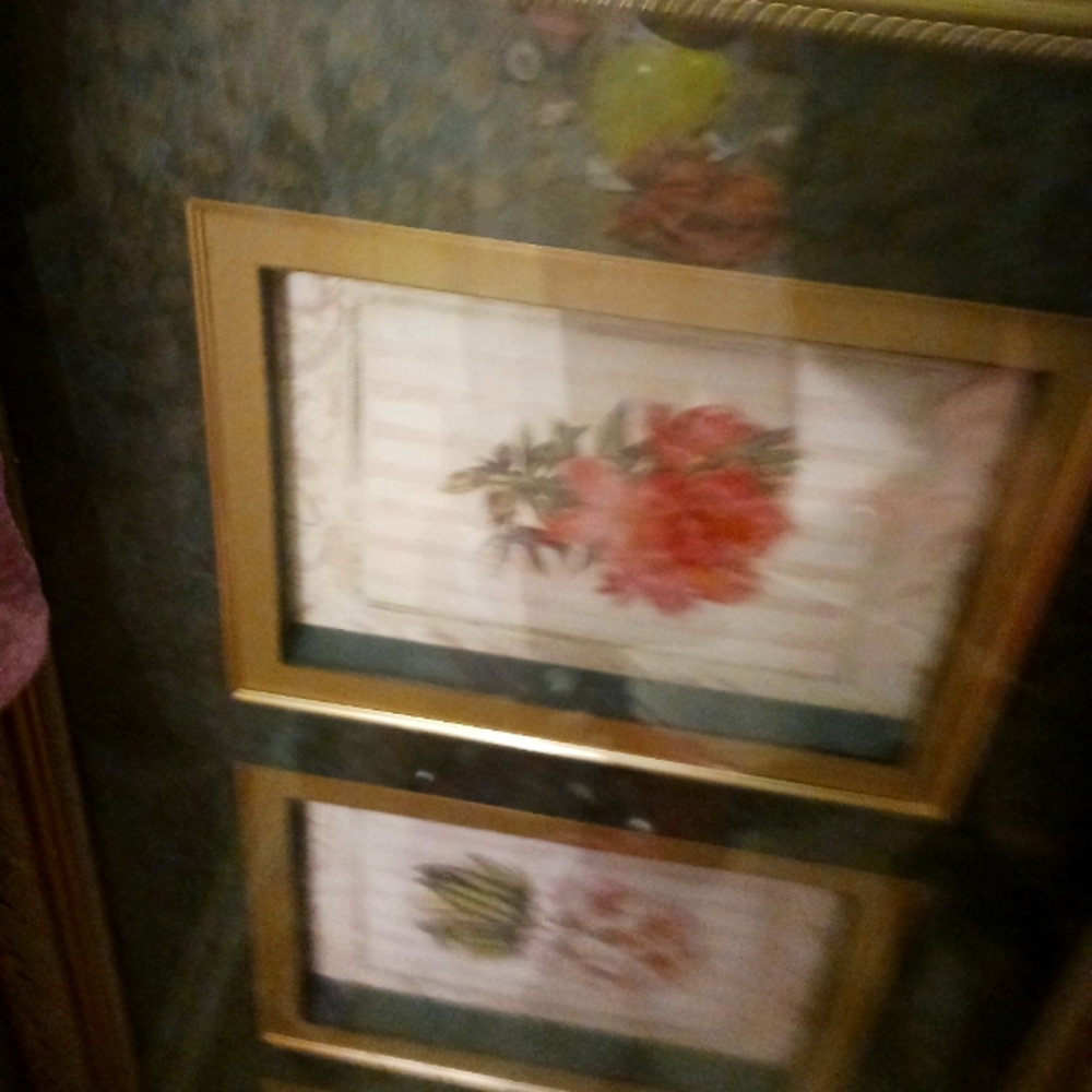 A large gently used luxurious gold-edged picture with hydrangeas.